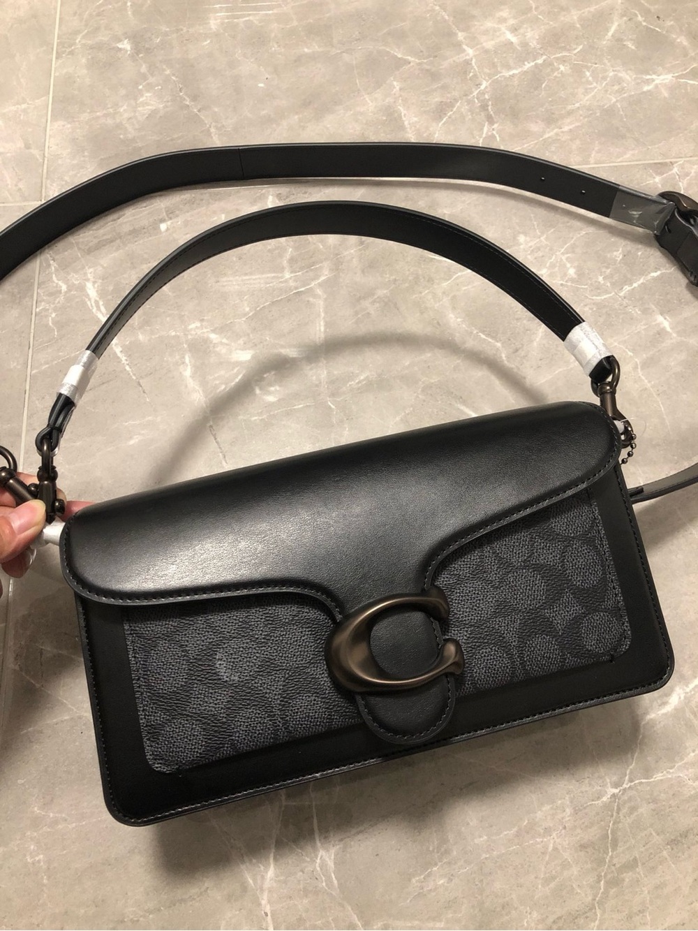 Coach Black Signature Leather Shoulder Bag with Bronze 'C' Hardware